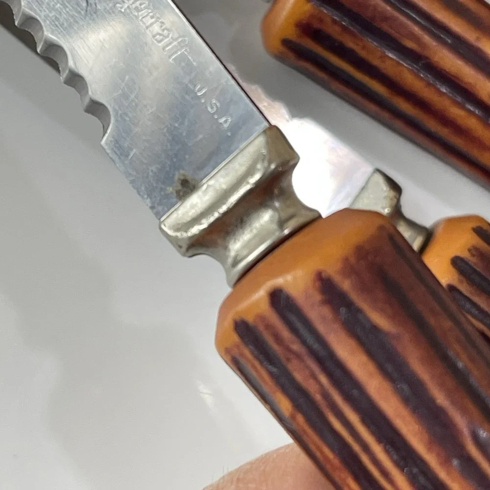 Vintage Stainless Forgecraft USA Steak Knives Set 6 Stag Faux Antler Handle MCM